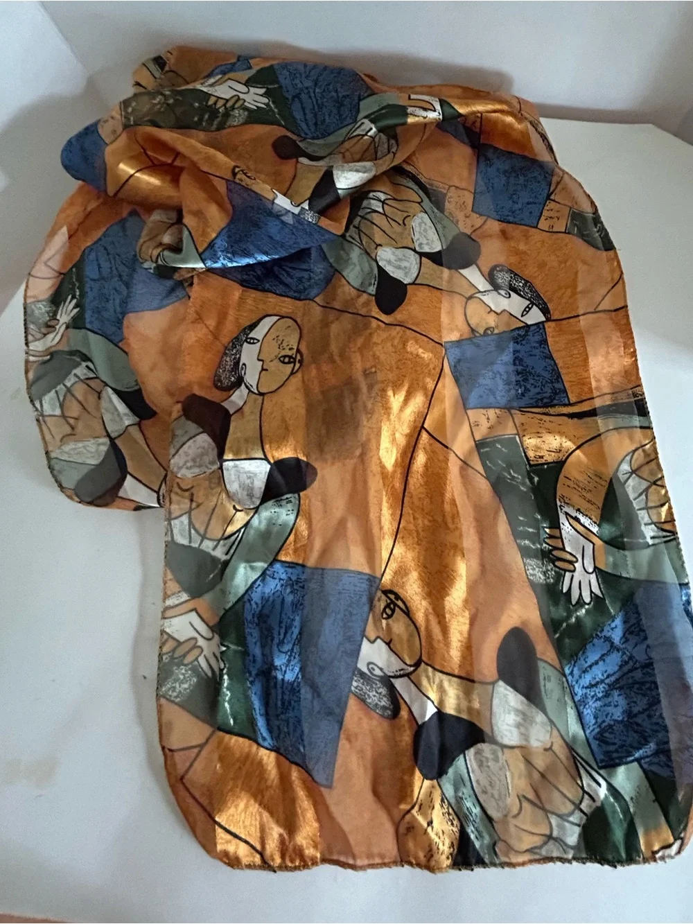 Abstract Picasso  Orange Cubist Print Scarf Vintage